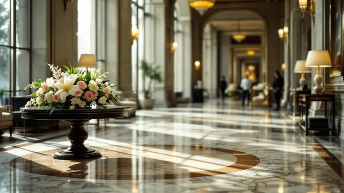 A grand hotel lobby in late-afternoon light — a marble floor, a large floral arrangement, warm table lamps, guests in the distance