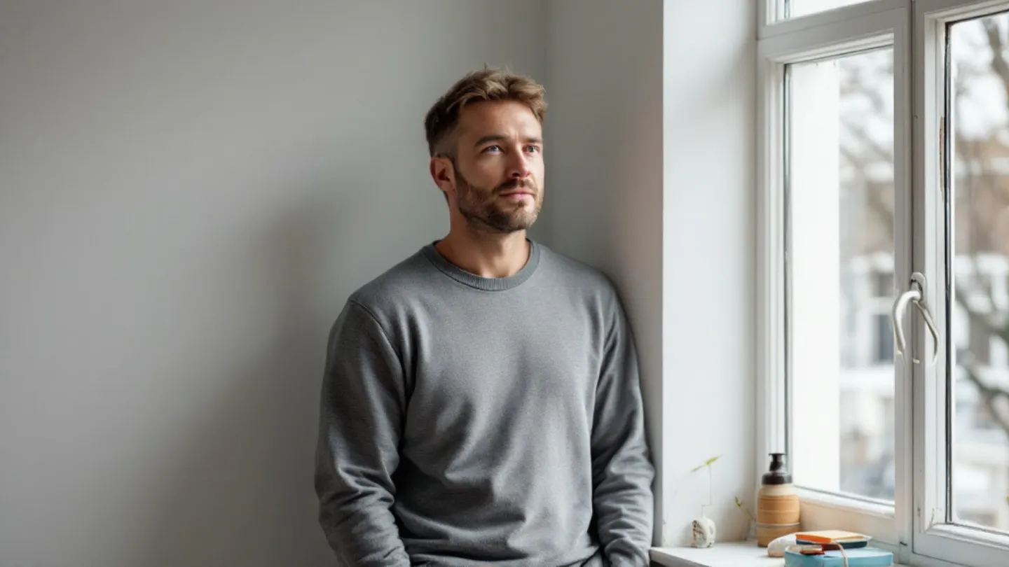A man photographed candidly in soft window light — the natural, unretouched look a good AI photo of yourself should have