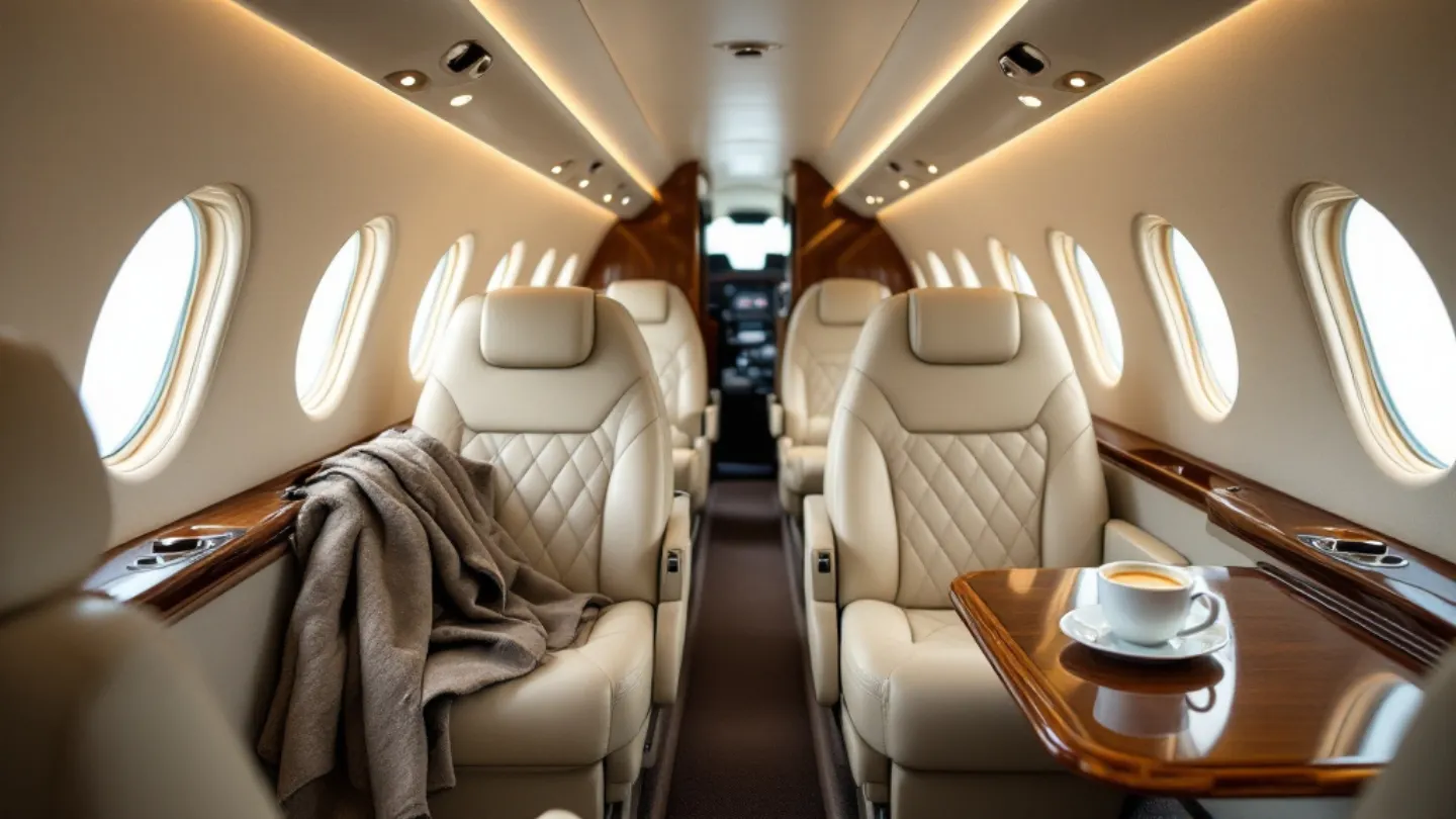 Empty private jet cabin with cream leather seats and an espresso on a side table, lit by warm downlights and window daylight